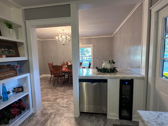 kitchen featuring ornamental molding, dishwasher, a chandelier, and beverage cooler