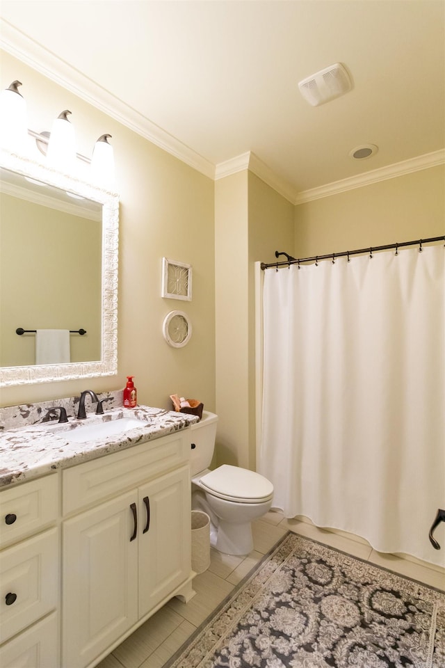 bathroom with walk in shower, ornamental molding, vanity, and toilet