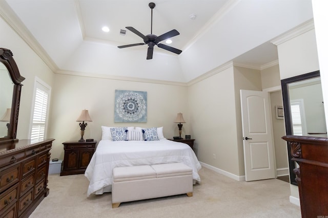 bedroom with ceiling fan, light carpet, ornamental molding, and multiple windows