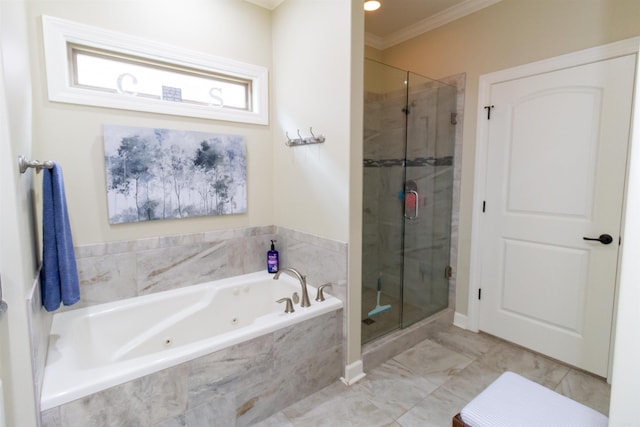 bathroom with separate shower and tub and crown molding