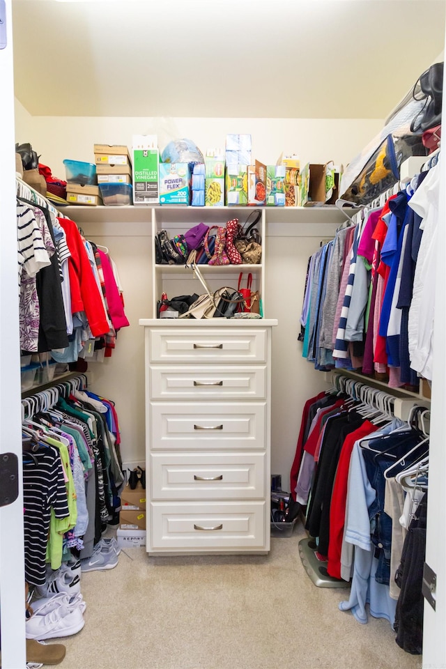 walk in closet featuring light colored carpet