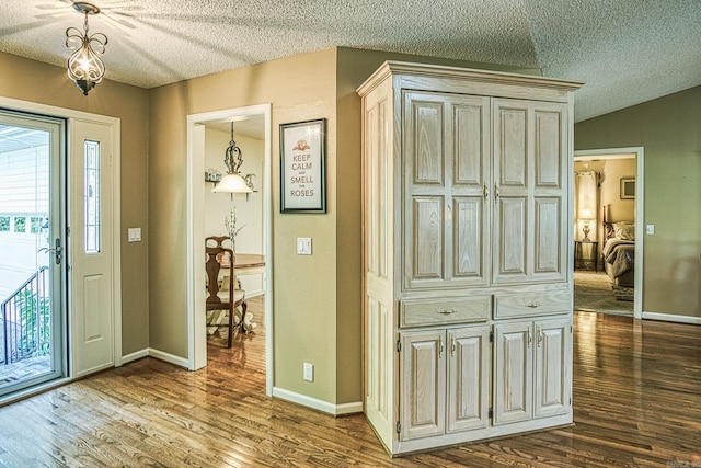 foyer entrance with a textured ceiling, vaulted ceiling, and dark hardwood / wood-style floors