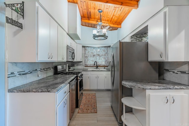 kitchen with white cabinetry, stainless steel appliances, wooden ceiling, decorative light fixtures, and sink