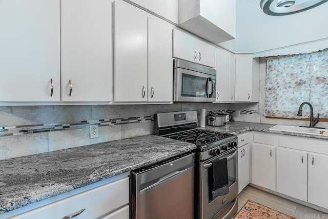 kitchen featuring backsplash, stainless steel appliances, white cabinets, and sink