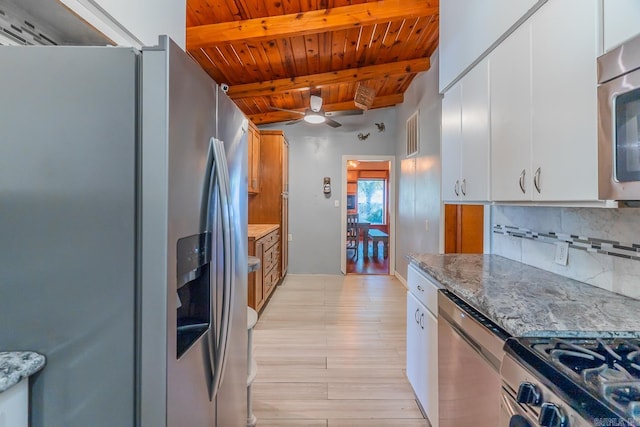 kitchen with wood ceiling, decorative backsplash, white cabinetry, and appliances with stainless steel finishes