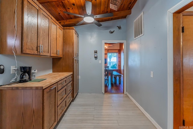 kitchen with wooden ceiling, vaulted ceiling with beams, light hardwood / wood-style floors, and ceiling fan