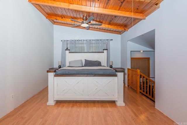 bedroom featuring wood ceiling, light wood-type flooring, and lofted ceiling with beams