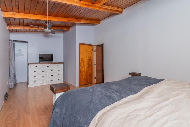 bedroom with light wood-type flooring, lofted ceiling with beams, and wooden ceiling