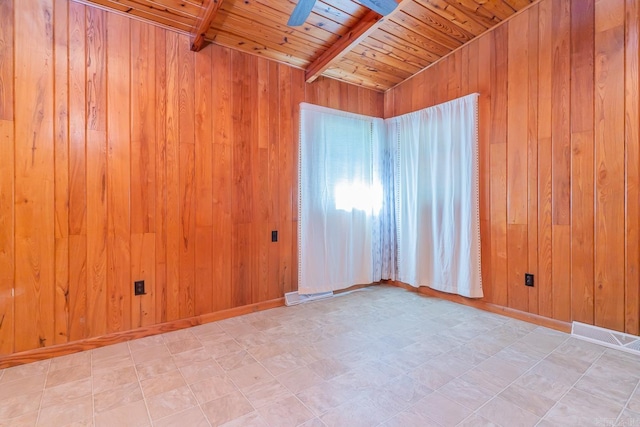 unfurnished room with ceiling fan, vaulted ceiling with beams, wood walls, and wooden ceiling