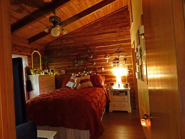 bedroom featuring wood ceiling, wood walls, dark hardwood / wood-style flooring, ceiling fan, and vaulted ceiling with beams