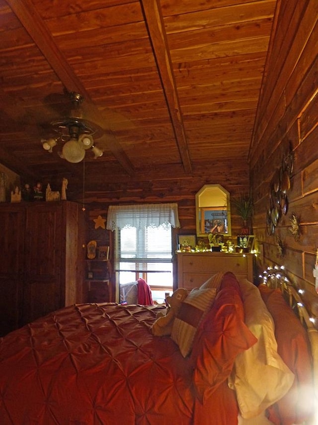 unfurnished bedroom with vaulted ceiling with beams, wood ceiling, and wood walls