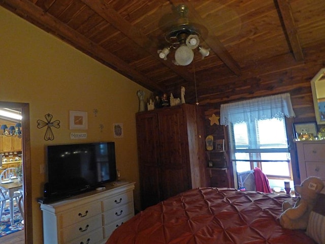 unfurnished bedroom featuring lofted ceiling with beams and wooden ceiling