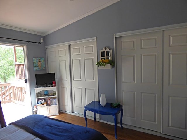 bedroom featuring ornamental molding, lofted ceiling, two closets, and dark hardwood / wood-style flooring