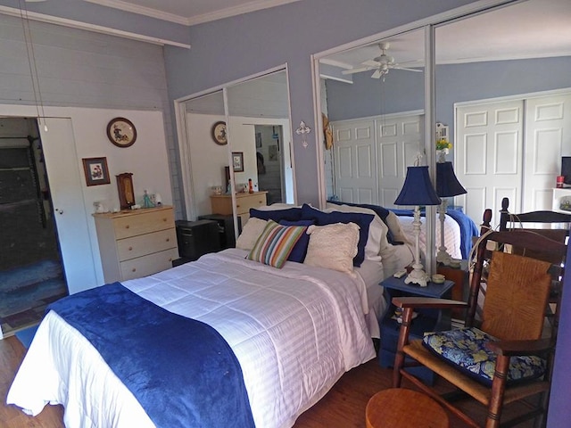 bedroom featuring two closets, ornamental molding, and dark hardwood / wood-style flooring