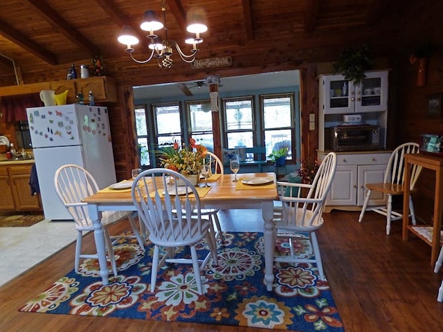 dining area featuring wood ceiling, lofted ceiling with beams, an inviting chandelier, and dark wood-type flooring