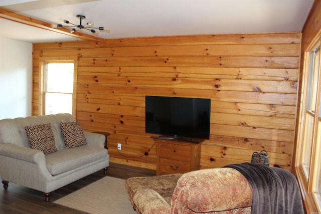 living room featuring wood-type flooring and wood walls