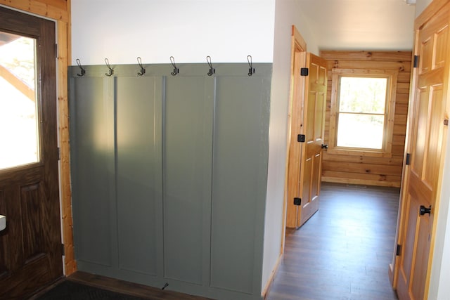 mudroom with wood walls and dark wood-type flooring