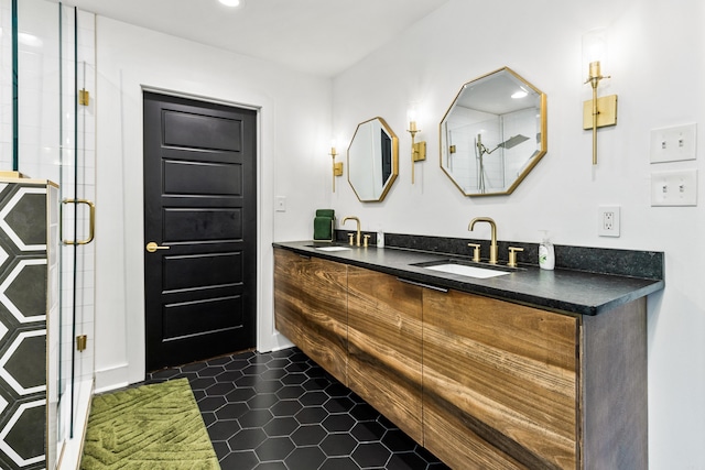 bathroom featuring vanity, tile patterned floors, and an enclosed shower