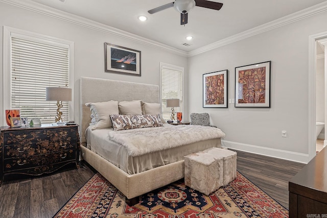 bedroom featuring ceiling fan, crown molding, and hardwood / wood-style floors