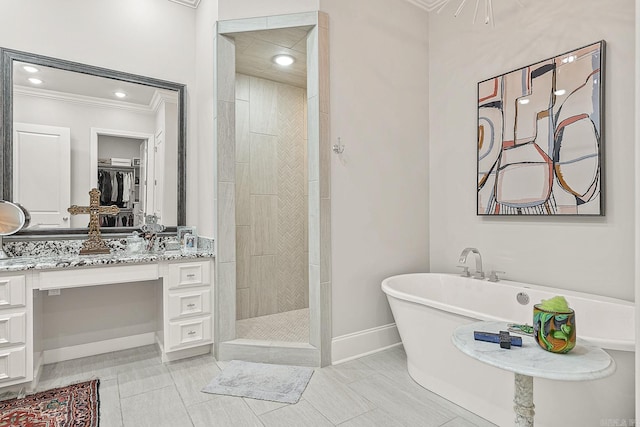 bathroom featuring vanity, shower with separate bathtub, tile patterned flooring, and ornamental molding