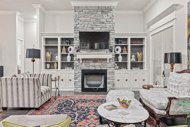 living room with a fireplace, dark wood-type flooring, and crown molding