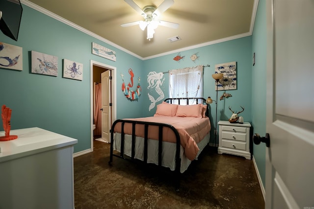 bedroom featuring crown molding, baseboards, and finished concrete floors