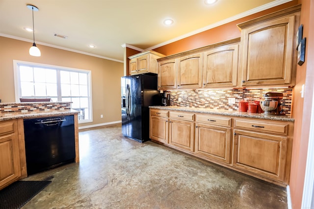 kitchen featuring backsplash, decorative light fixtures, finished concrete flooring, visible vents, and black appliances