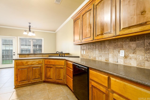 kitchen with light tile patterned flooring, dishwasher, crown molding, an inviting chandelier, and sink