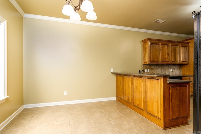 bar featuring decorative backsplash, a notable chandelier, light tile patterned flooring, and ornamental molding