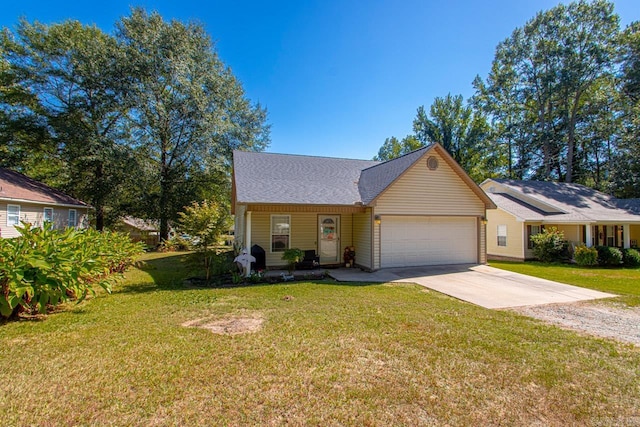 single story home featuring a front yard and a garage