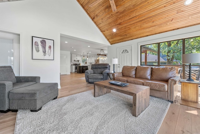 living room with light wood-type flooring, wooden ceiling, and high vaulted ceiling