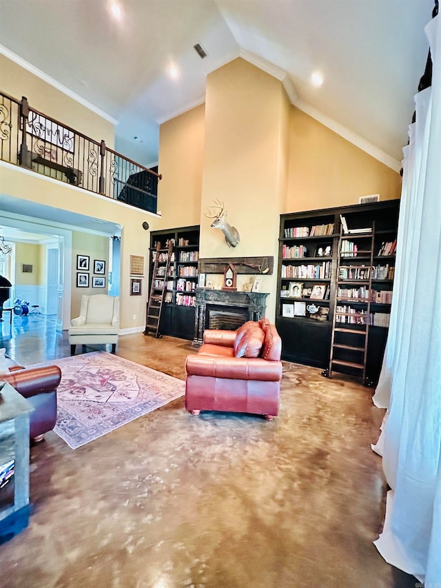 interior space with crown molding, a premium fireplace, and high vaulted ceiling