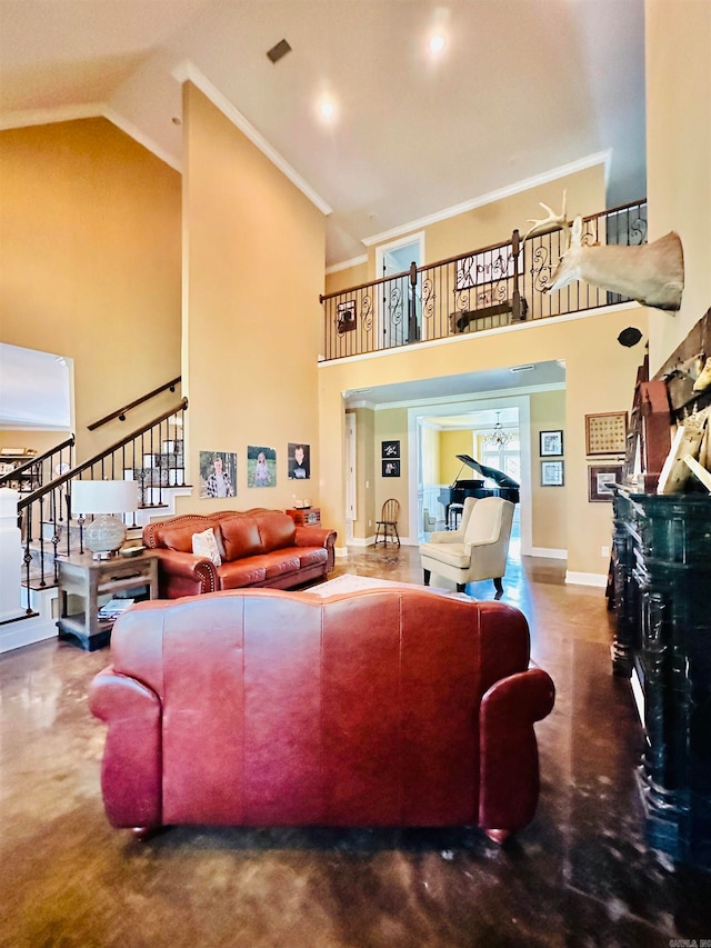 living room featuring high vaulted ceiling, concrete flooring, and crown molding