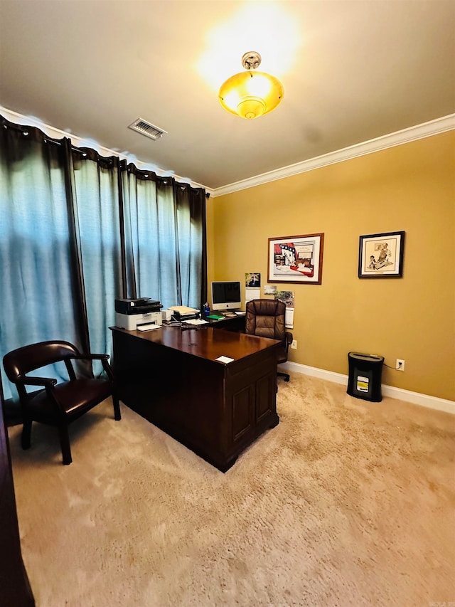 carpeted office space featuring ornamental molding