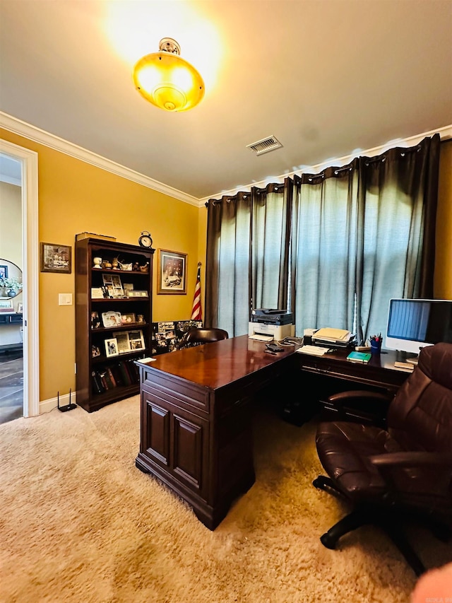 carpeted office featuring crown molding