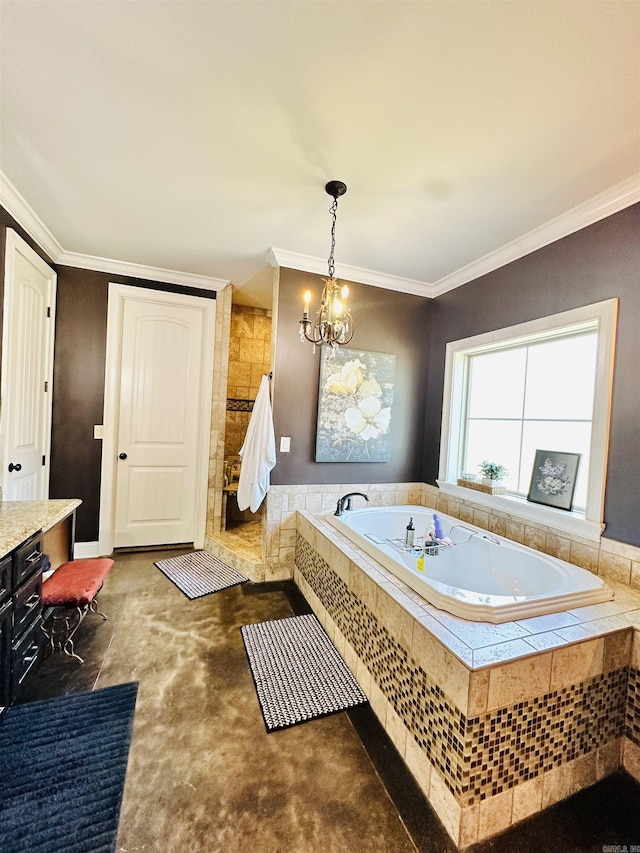 bathroom featuring a notable chandelier, crown molding, vanity, and a relaxing tiled tub