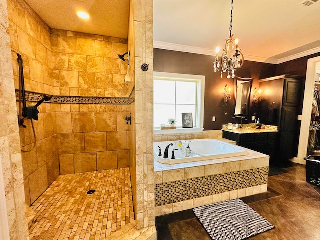 bathroom with a notable chandelier, independent shower and bath, vanity, and crown molding