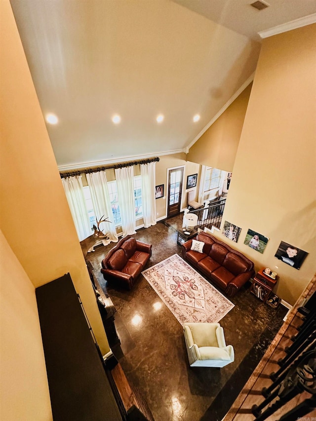 living room featuring lofted ceiling and ornamental molding