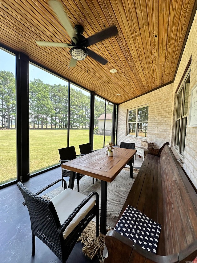 sunroom featuring ceiling fan and wooden ceiling