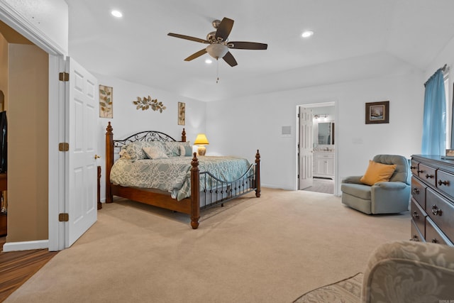 bedroom with recessed lighting, ensuite bathroom, baseboards, and a ceiling fan