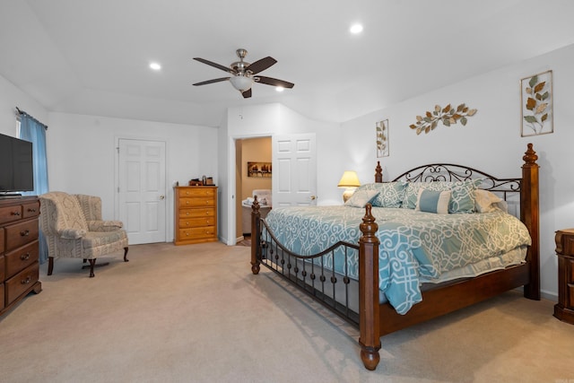 bedroom featuring recessed lighting, light colored carpet, and ceiling fan