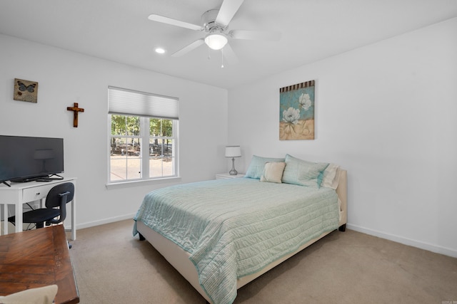 bedroom featuring ceiling fan, baseboards, recessed lighting, and carpet floors
