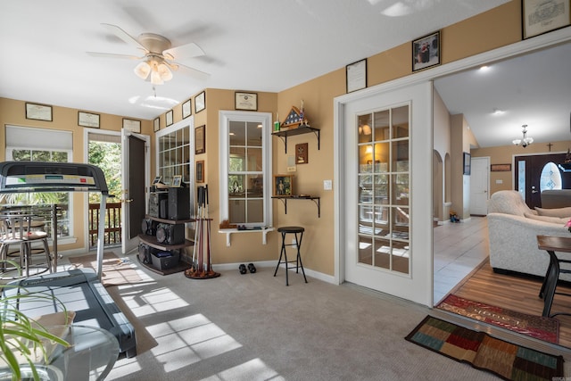 interior space with carpet floors, plenty of natural light, baseboards, and ceiling fan