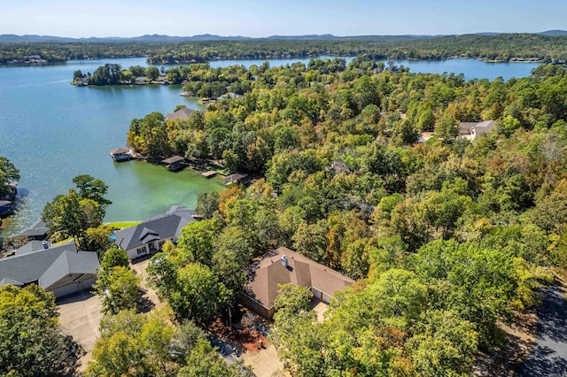 birds eye view of property with a wooded view and a water and mountain view