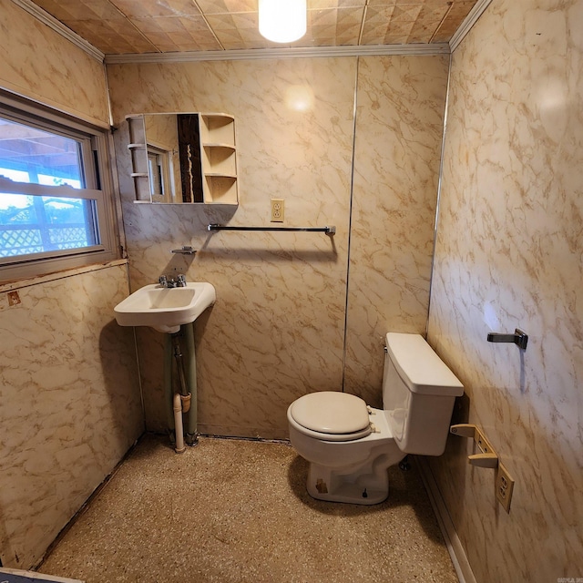 bathroom featuring ornamental molding, sink, and toilet