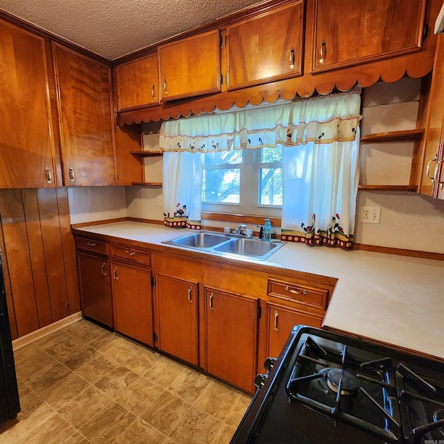 kitchen featuring a textured ceiling, black stove, and sink