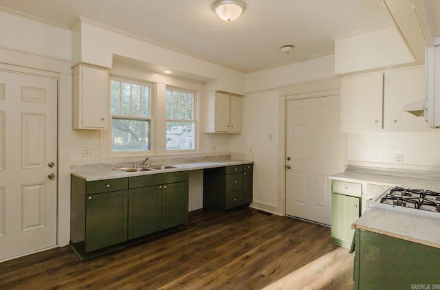 kitchen featuring white cabinets, green cabinetry, dark hardwood / wood-style flooring, ventilation hood, and sink