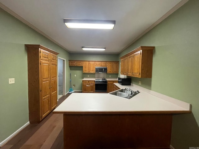 kitchen featuring kitchen peninsula, stove, hardwood / wood-style flooring, and sink