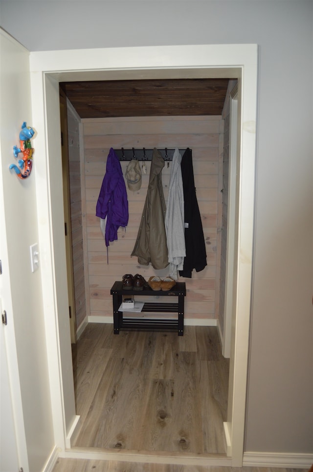 details featuring wood-type flooring and wooden walls