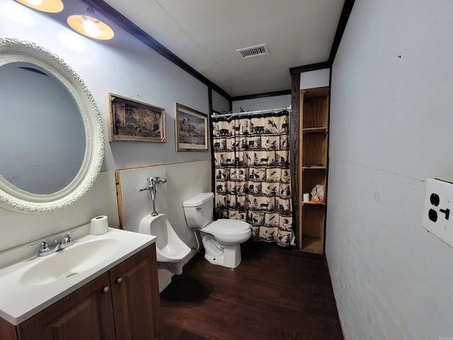 bathroom with hardwood / wood-style floors, vanity, toilet, and ornamental molding